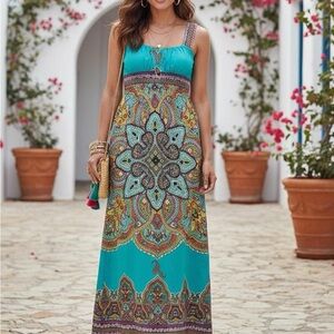 Alyn Paige Vibrant Teal and Multicolor Maxi Dress